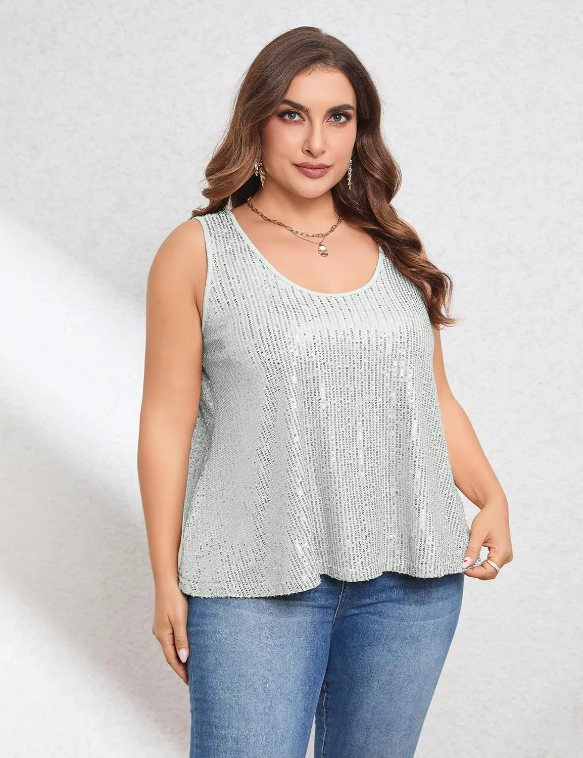 KOJOOIN Sequin Tops Plus Size Glitter Tank Top Sleeveless Sparkle Shimmer Shirt Tops Camisole Vest