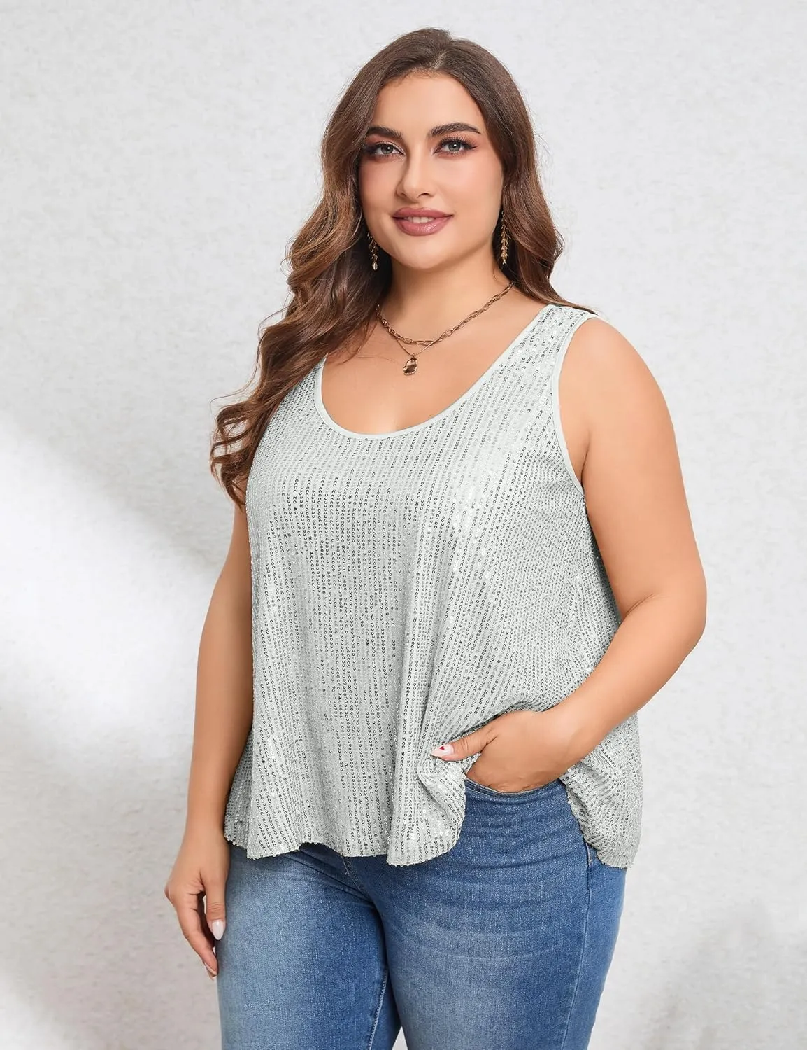 KOJOOIN Sequin Tops Plus Size Glitter Tank Top Sleeveless Sparkle Shimmer Shirt Tops Camisole Vest