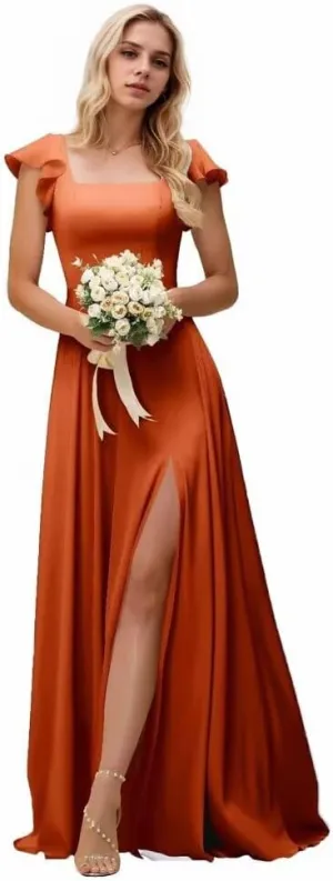 Kyeuan Side Slit Bridesmaid Dresses Long Ruffle Sleeve Square Neck Formal Evening Dress for Women Elegant