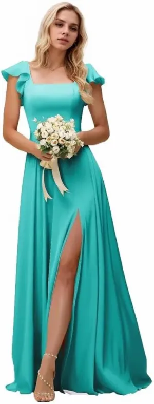 Kyeuan Side Slit Bridesmaid Dresses Long Ruffle Sleeve Square Neck Formal Evening Dress for Women Elegant