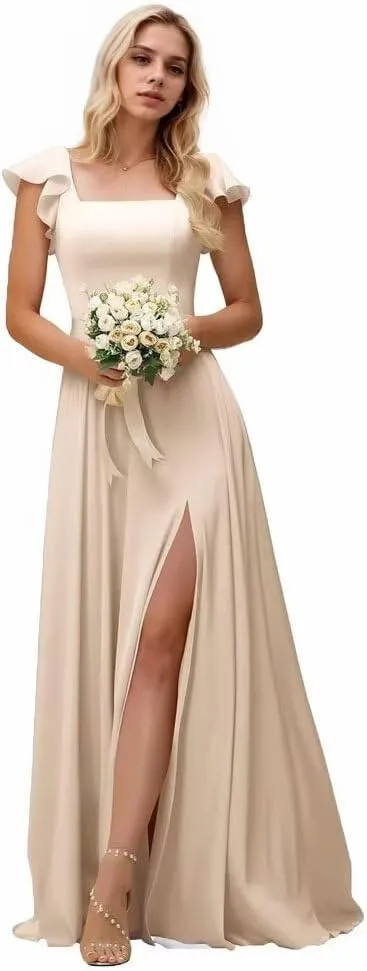 Kyeuan Side Slit Bridesmaid Dresses Long Ruffle Sleeve Square Neck Formal Evening Dress for Women Elegant