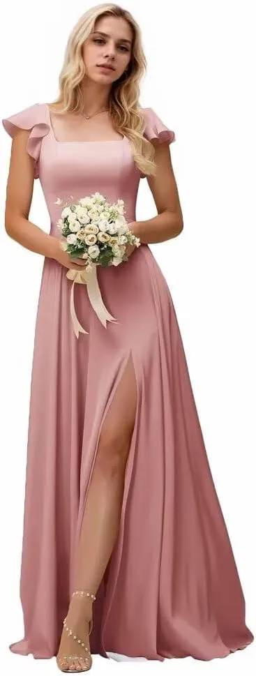 Kyeuan Side Slit Bridesmaid Dresses Long Ruffle Sleeve Square Neck Formal Evening Dress for Women Elegant