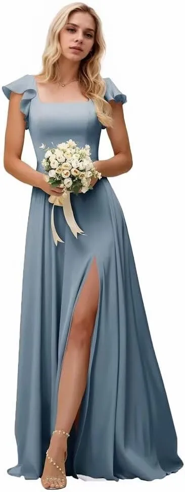 Kyeuan Side Slit Bridesmaid Dresses Long Ruffle Sleeve Square Neck Formal Evening Dress for Women Elegant