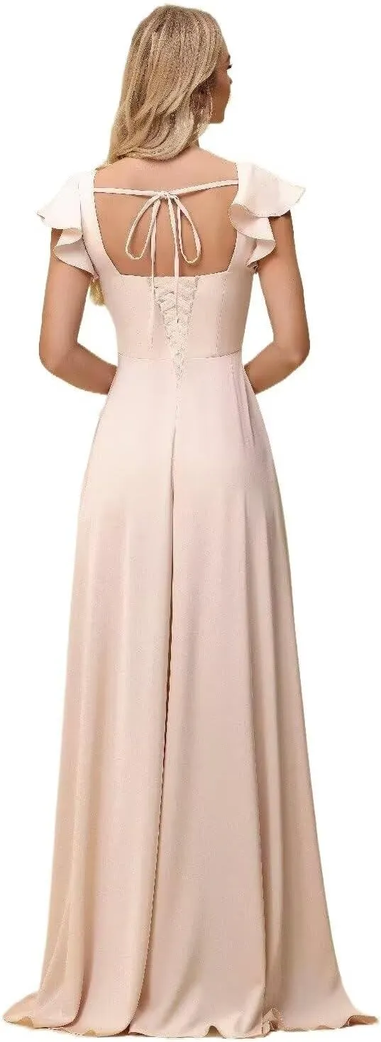 Kyeuan Side Slit Bridesmaid Dresses Long Ruffle Sleeve Square Neck Formal Evening Dress for Women Elegant