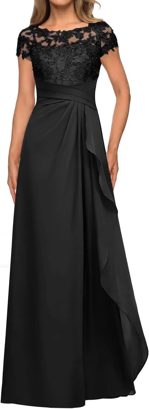 Lace Wedding Guest Dresses for Women Cap Sleeve Mother of The Bride Dresses Long Chiffon Formal Evening Gown