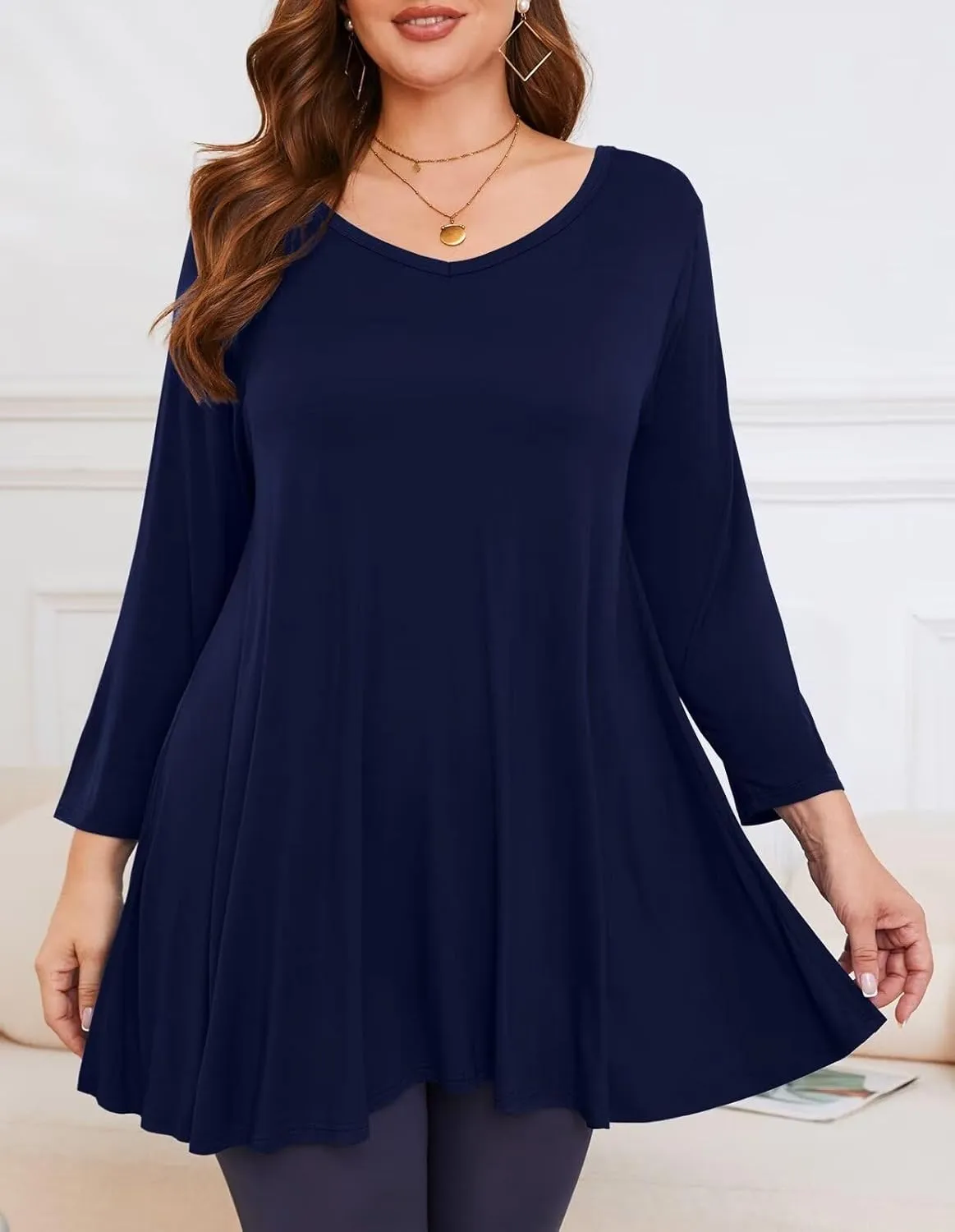 LARACE Tunics 3/4 Sleeve Plus Size Tops for Women V Neck Loose Fit Flowy Clothing for Leggings