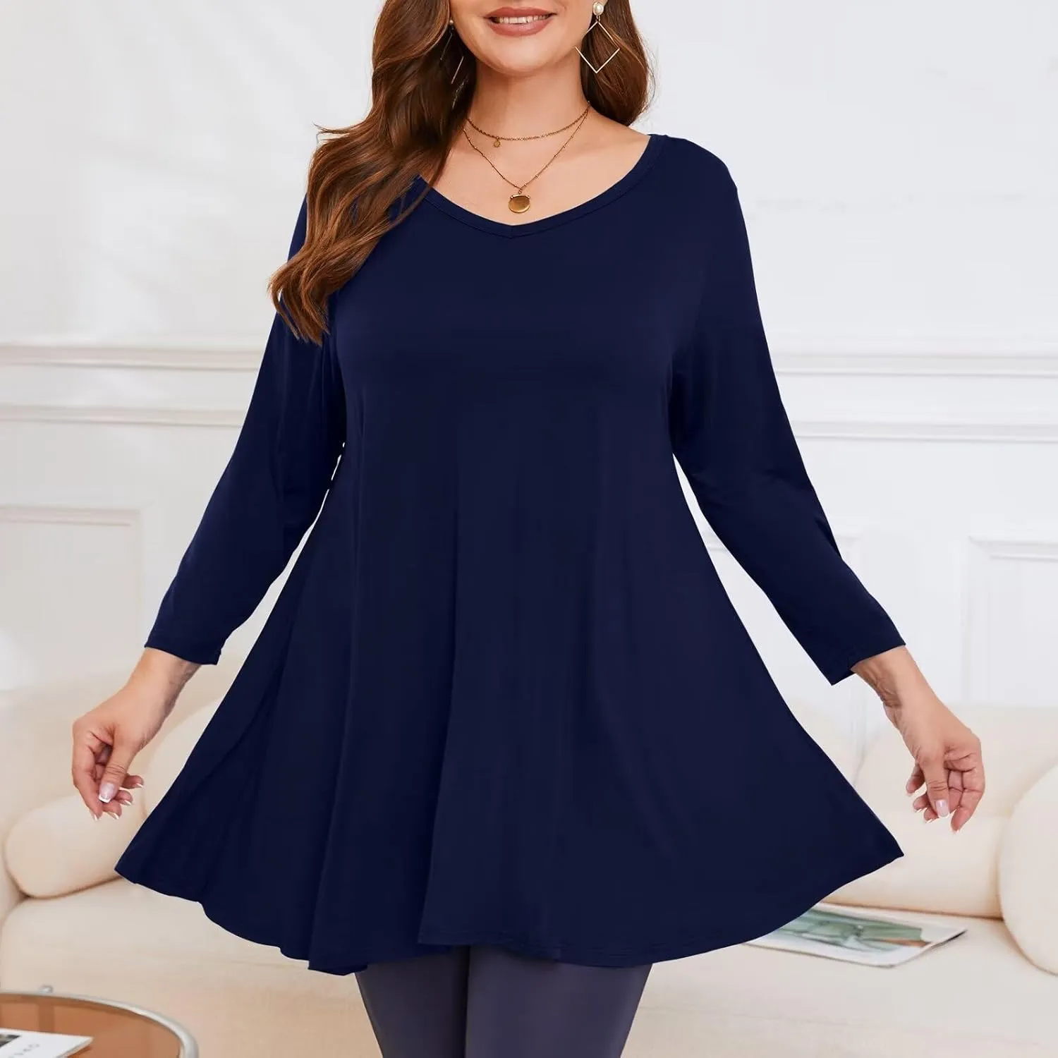 LARACE Tunics 3/4 Sleeve Plus Size Tops for Women V Neck Loose Fit Flowy Clothing for Leggings