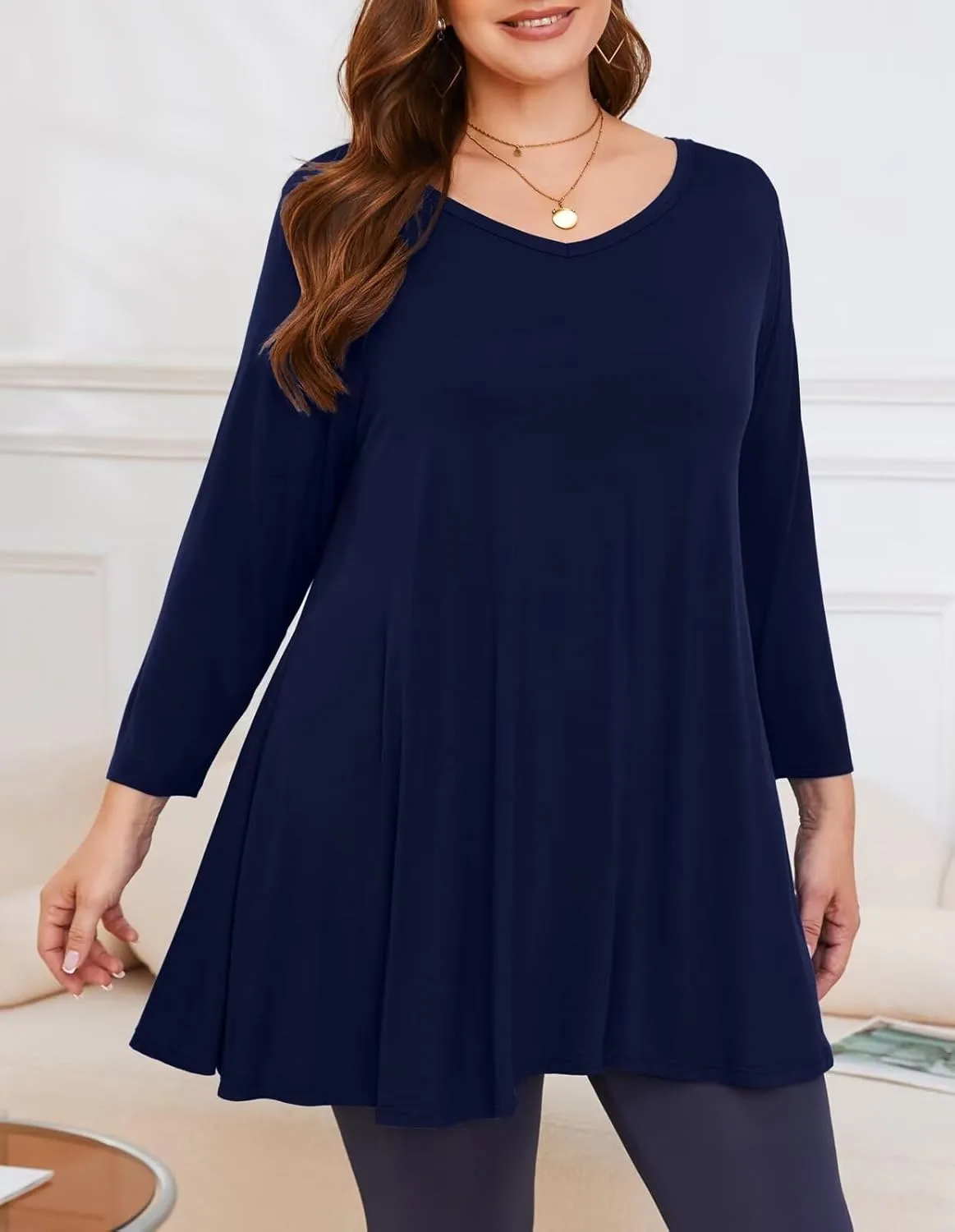 LARACE Tunics 3/4 Sleeve Plus Size Tops for Women V Neck Loose Fit Flowy Clothing for Leggings