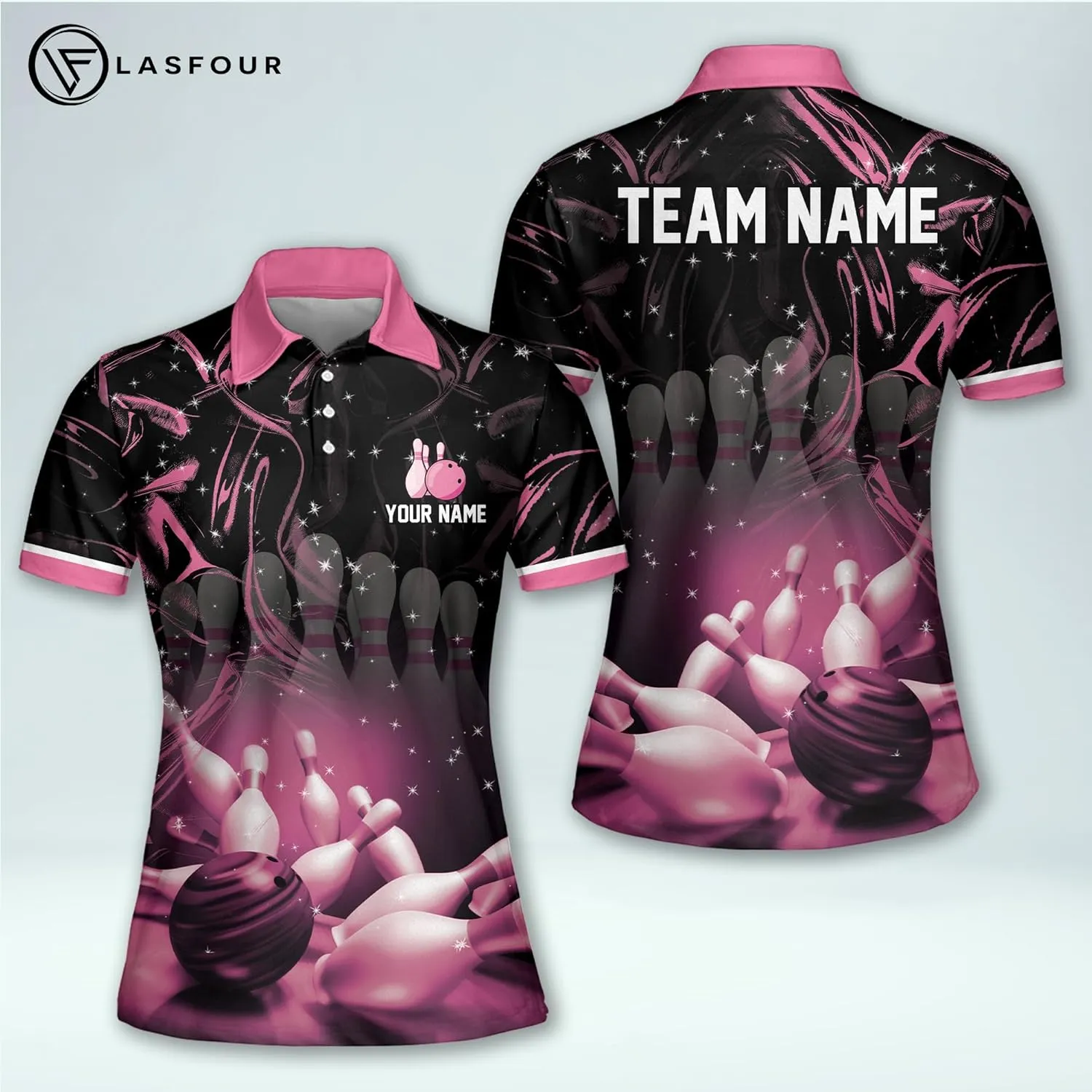 LASFOUR Personalized 3D Bowling Shirts for Women, Custom Quick-Dry Bowling Shirts Short Sleeve Polo for Girls