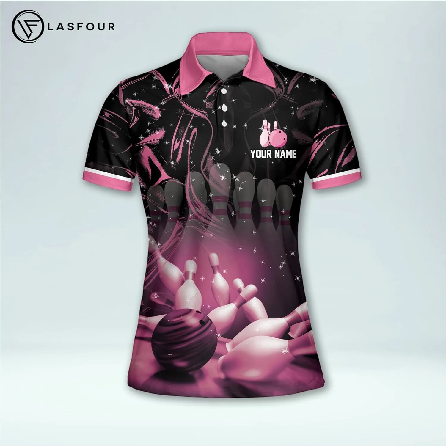LASFOUR Personalized 3D Bowling Shirts for Women, Custom Quick-Dry Bowling Shirts Short Sleeve Polo for Girls
