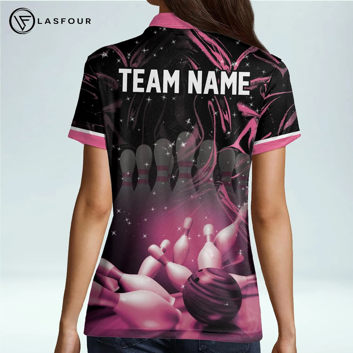 LASFOUR Personalized 3D Bowling Shirts for Women, Custom Quick-Dry Bowling Shirts Short Sleeve Polo for Girls