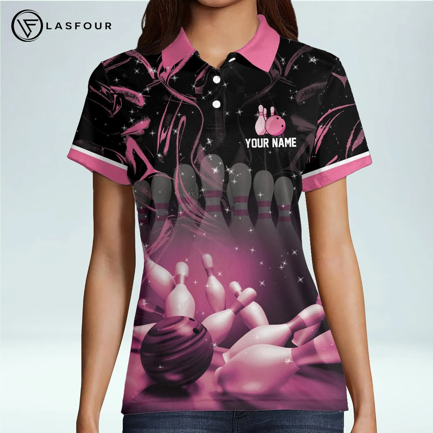 LASFOUR Personalized 3D Bowling Shirts for Women, Custom Quick-Dry Bowling Shirts Short Sleeve Polo for Girls