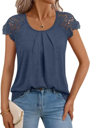 LILLUSORY Lace Short Sleeve Shirts Womens Summer Crew Neck Tops Casual Dressy Tshirt Blouses