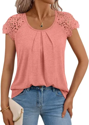 LILLUSORY Lace Short Sleeve Shirts Womens Summer Crew Neck Tops Casual Dressy Tshirt Blouses