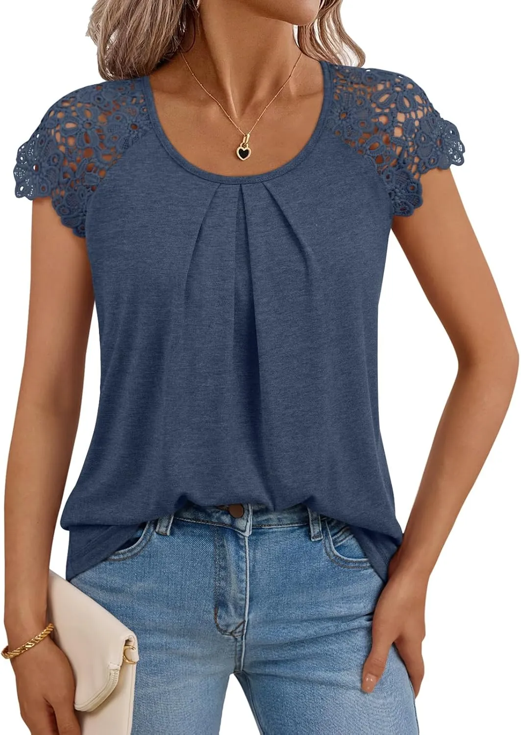 LILLUSORY Lace Short Sleeve Shirts Womens Summer Crew Neck Tops Casual Dressy Tshirt Blouses