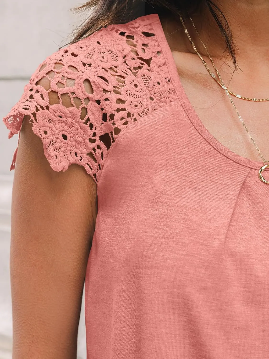 LILLUSORY Lace Short Sleeve Shirts Womens Summer Crew Neck Tops Casual Dressy Tshirt Blouses