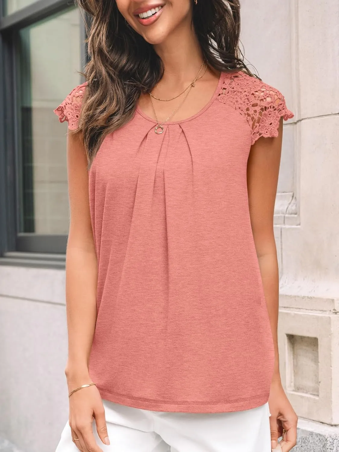 LILLUSORY Lace Short Sleeve Shirts Womens Summer Crew Neck Tops Casual Dressy Tshirt Blouses
