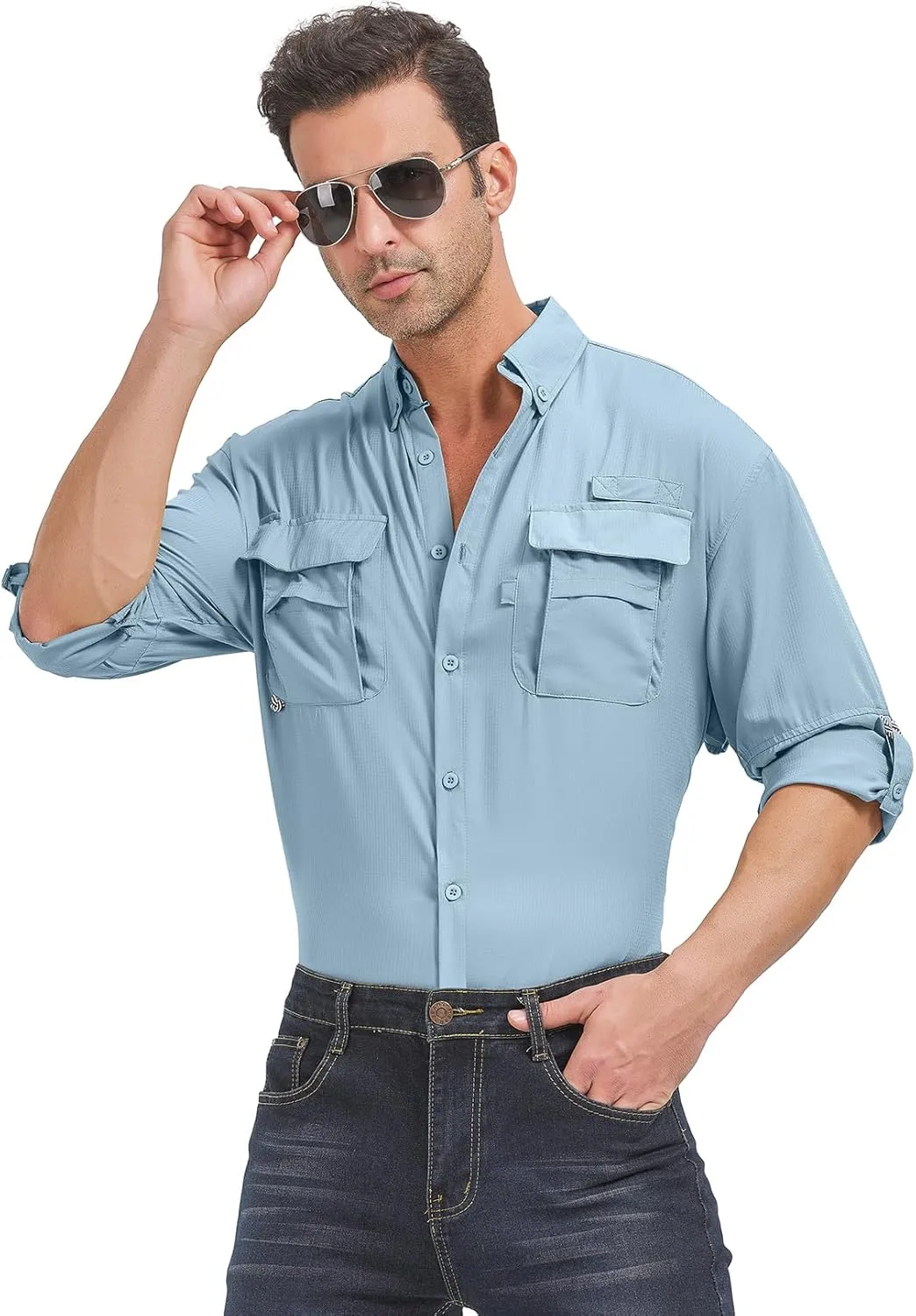 linlon Mens Safari Hiking Fishing Shirts Long Sleeve UV Protection UPF 50  Quick Dry Camping Travel Shirts