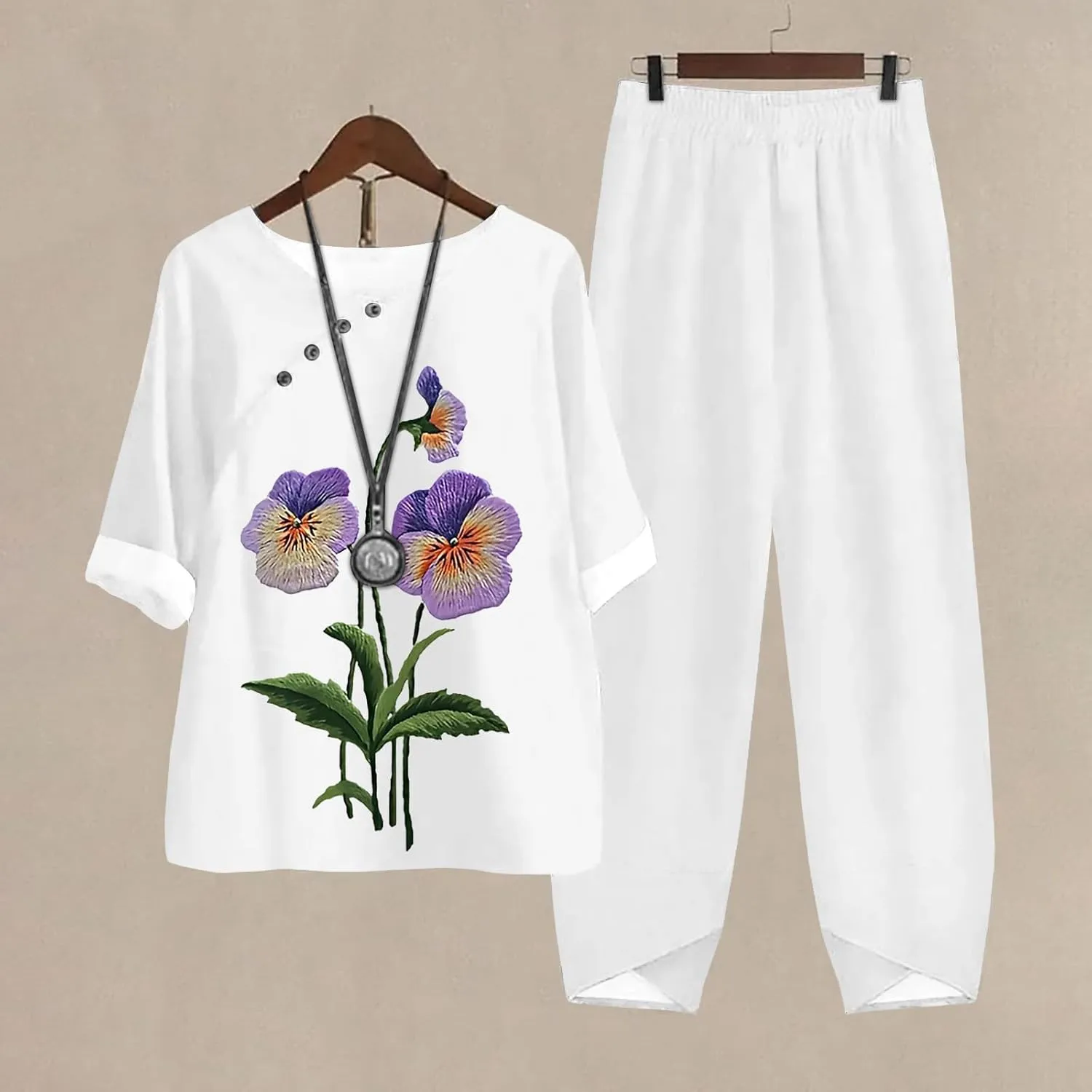 Litetao Workout Sets for Women 2 Piece Alzheimers Awareness Shirts Casual Floral Print Button Linen Shirt Loose Wide Leg Pant