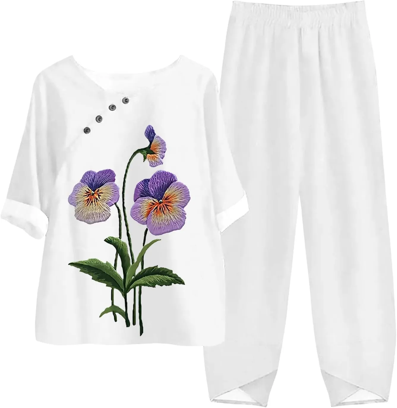 Litetao Workout Sets for Women 2 Piece Alzheimers Awareness Shirts Casual Floral Print Button Linen Shirt Loose Wide Leg Pant
