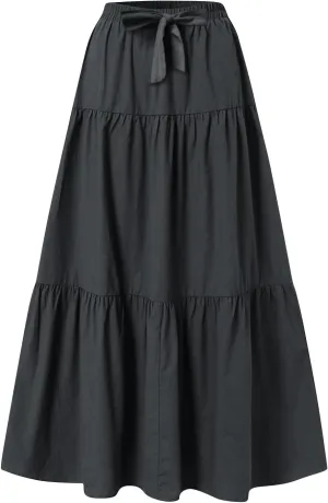 Long Skirts for Women Trendy High Waisted Tiered A Line Linen Skirt Casual Flowy Pleated Beach Maxi Skirts with Tie