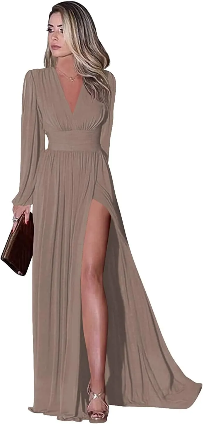 Long Sleeve Bridesmaid Dresses for Wedding Chiffon Pleated Evening Dress with Pockets Taupe Formal Gown Size 2
