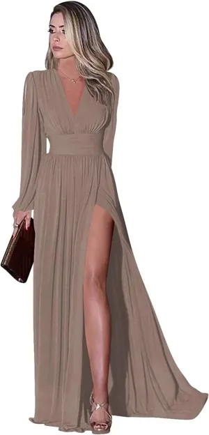 Long Sleeve Bridesmaid Dresses for Wedding Chiffon Pleated Evening Dress with Pockets Taupe Formal Gown Size 2