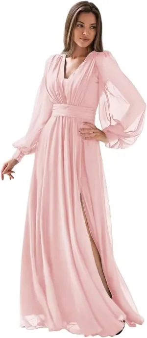 Long Sleeve Chiffon Prom Dress for Women V Neck Party Dress