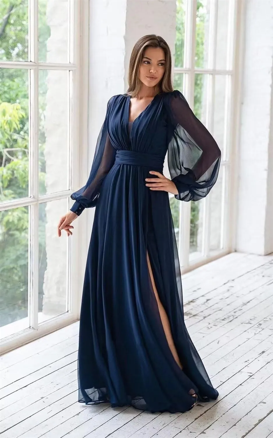 Long Sleeve Chiffon Prom Dress for Women V Neck Party Dress