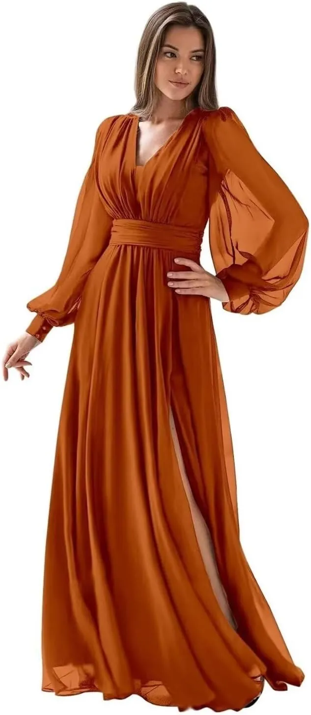 Long Sleeve Chiffon Prom Dress for Women V Neck Party Dress