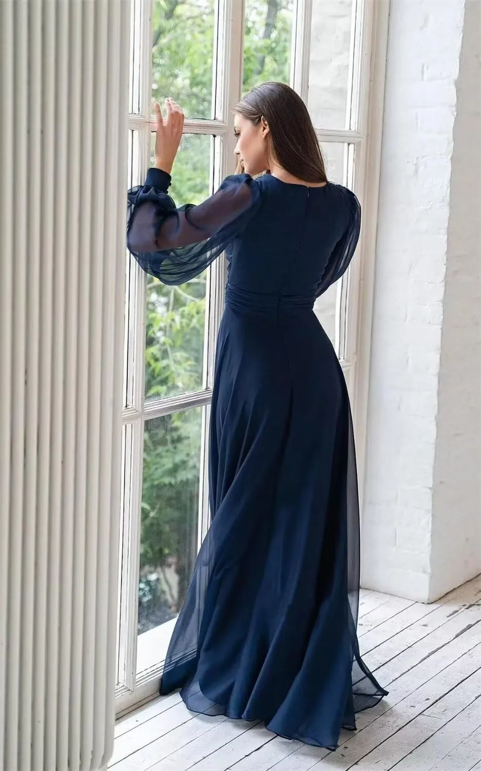 Long Sleeve Chiffon Prom Dress for Women V Neck Party Dress