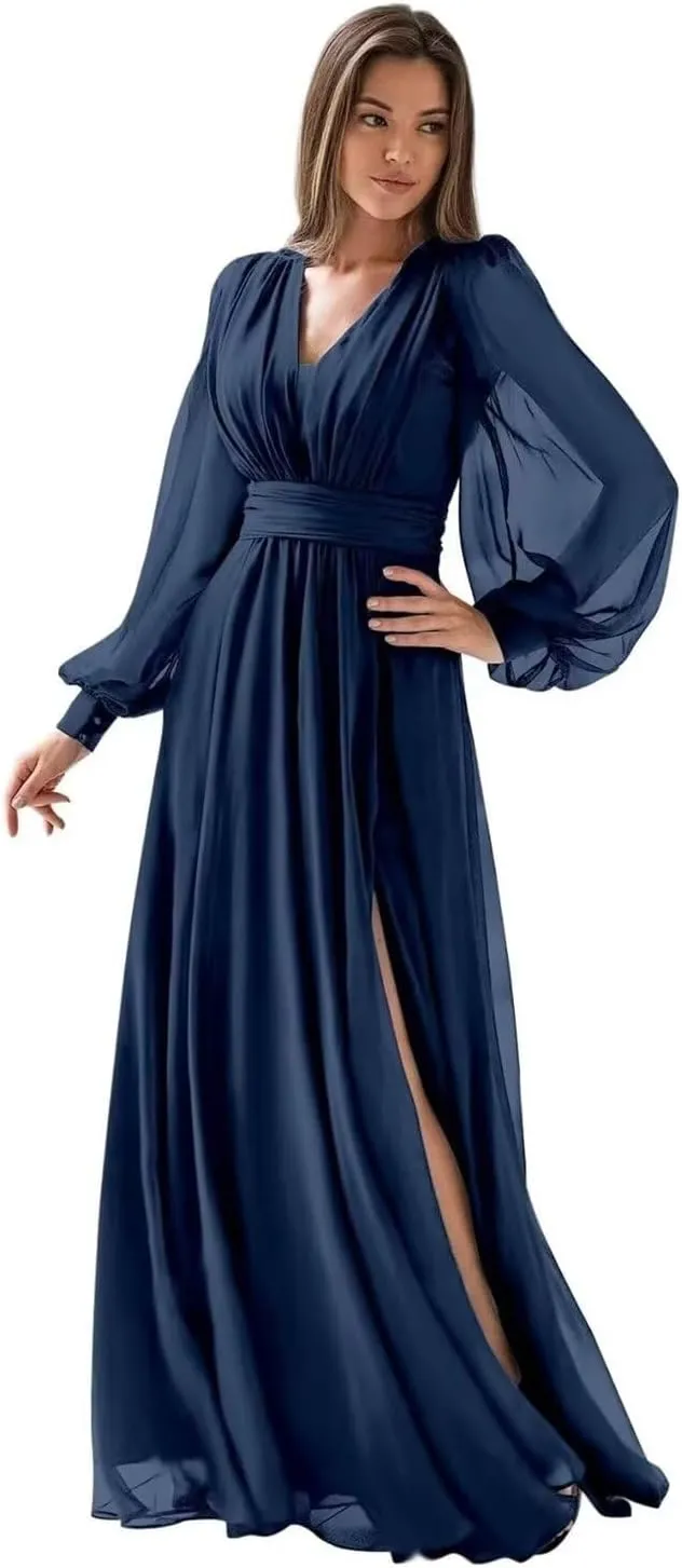 Long Sleeve Chiffon Prom Dress for Women V Neck Party Dress