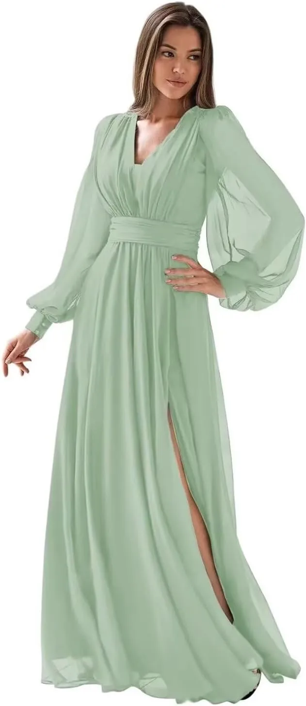 Long Sleeve Chiffon Prom Dress for Women V Neck Party Dress