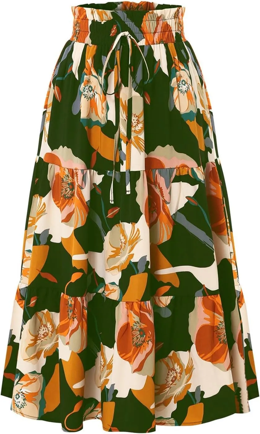 Long Summer Skirts Maxi Spring Flowy Boho Comfy Tiered Western Pleated Maxi Skirts for Women