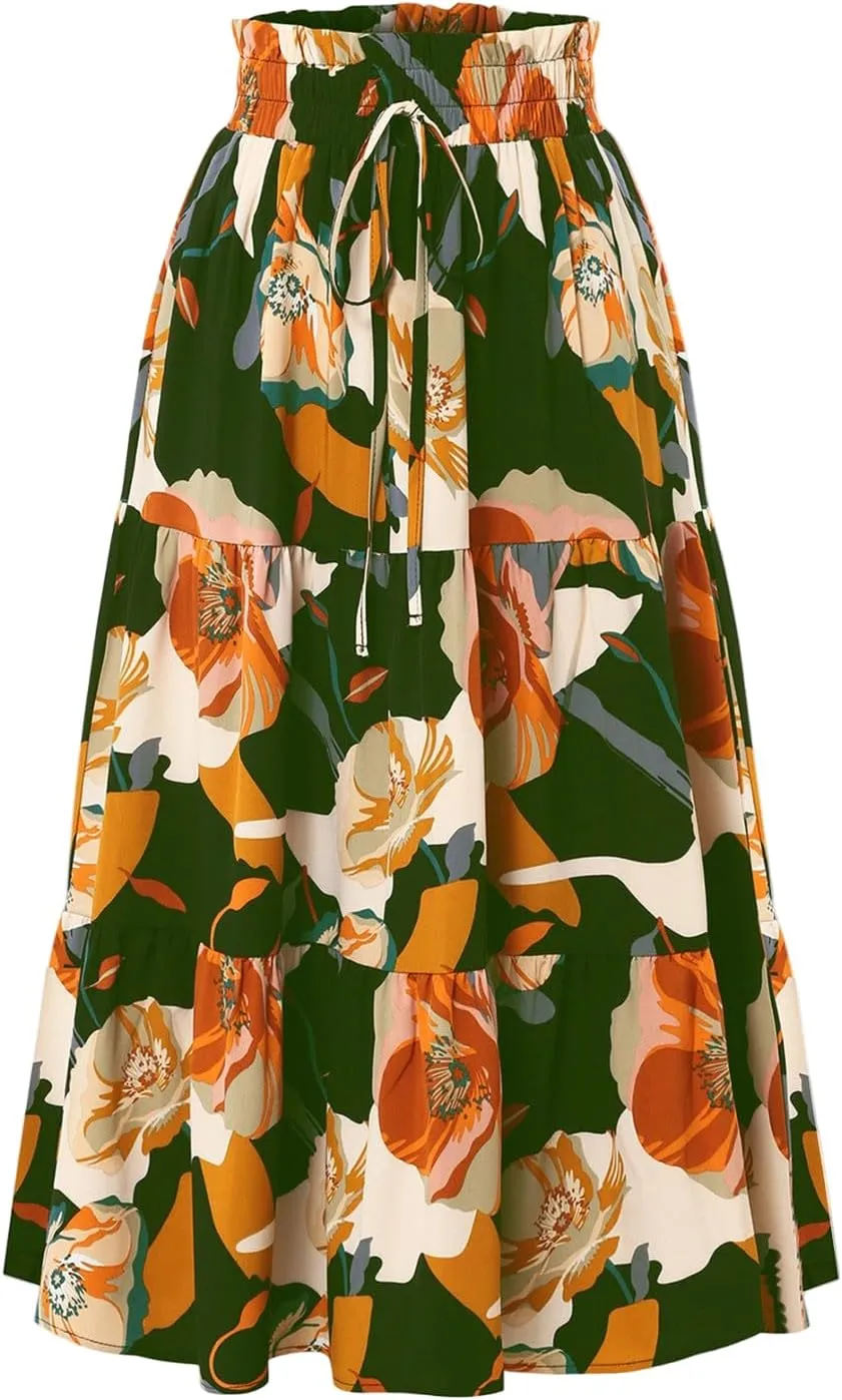 Long Summer Skirts Maxi Spring Flowy Boho Comfy Tiered Western Pleated Maxi Skirts for Women