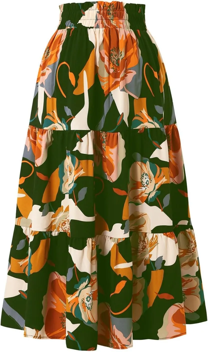 Long Summer Skirts Maxi Spring Flowy Boho Comfy Tiered Western Pleated Maxi Skirts for Women