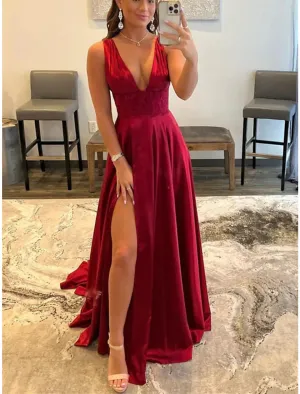 Luolandi A-Line Prom Dresses Empire Dress Formal Court Train Sleeveless Scoop Neck Lace Backless