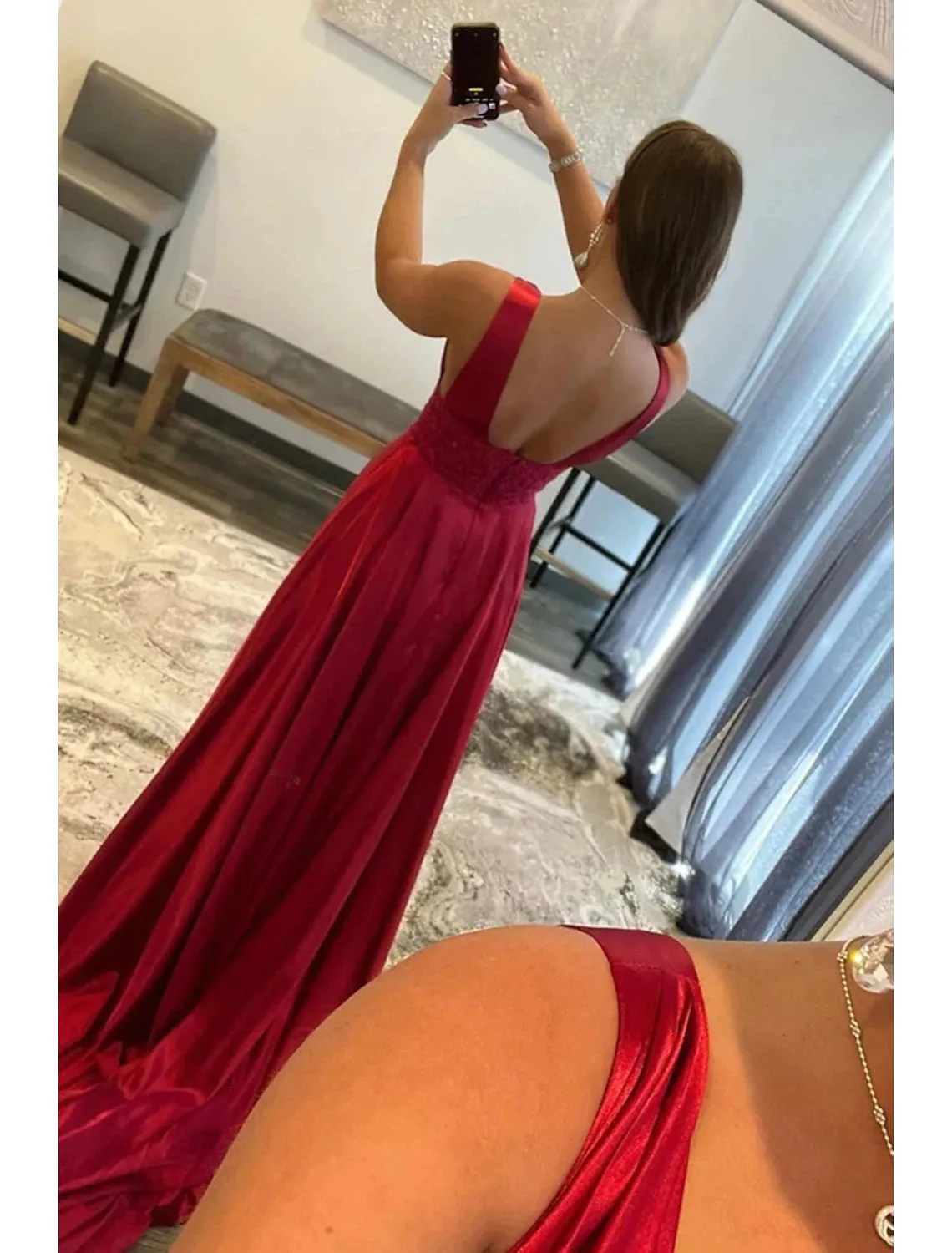 Luolandi A-Line Prom Dresses Empire Dress Formal Court Train Sleeveless Scoop Neck Lace Backless