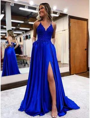 Luolandi A-Line Prom Dresses Empire Dress Formal Wedding Guest Court Train Sleeveless V Neck Satin Backless with Beading