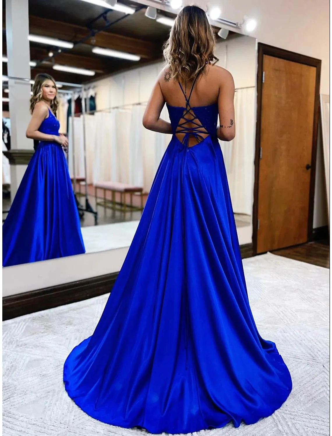 Luolandi A-Line Prom Dresses Empire Dress Formal Wedding Guest Court Train Sleeveless V Neck Satin Backless with Beading