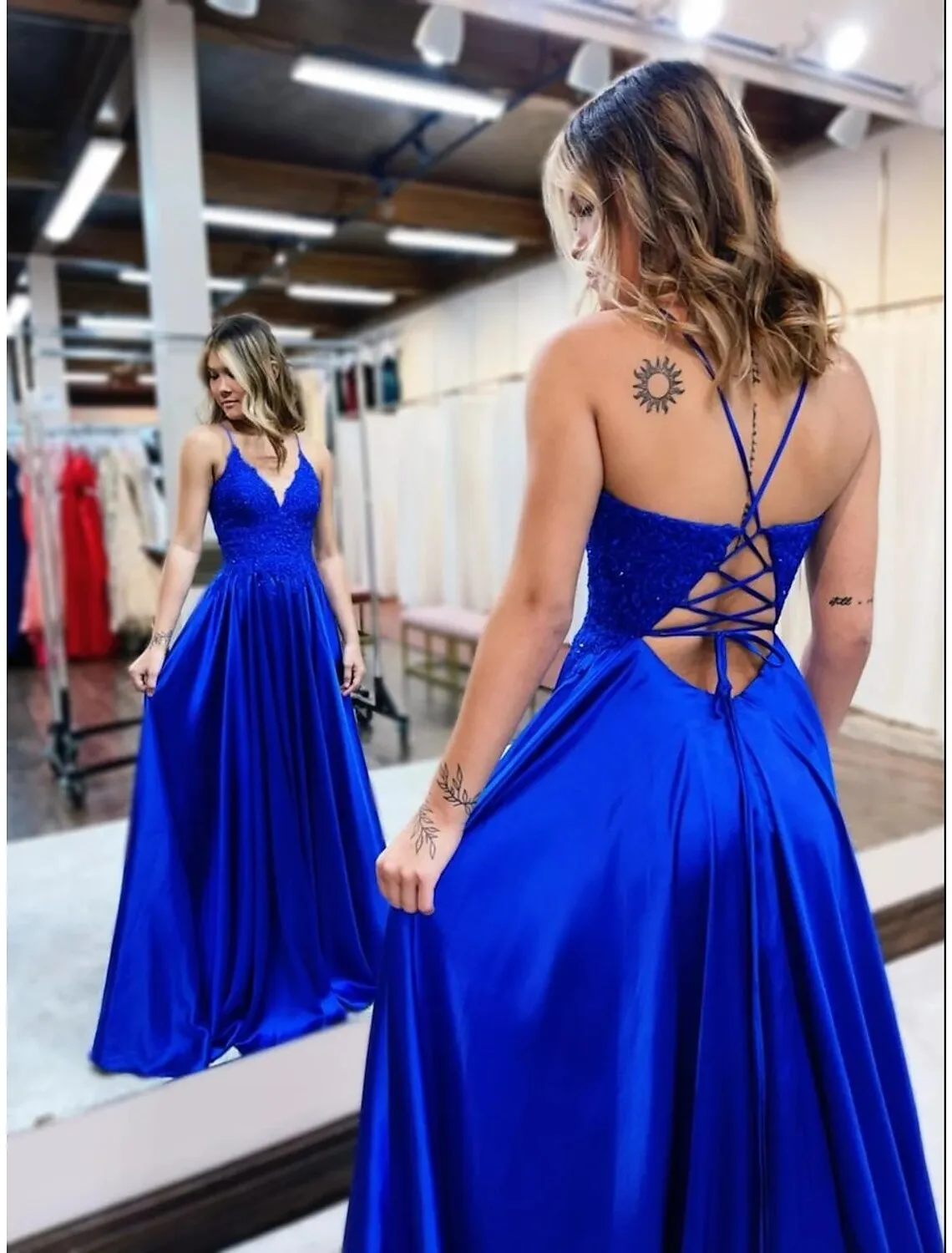 Luolandi A-Line Prom Dresses Empire Dress Formal Wedding Guest Court Train Sleeveless V Neck Satin Backless with Beading