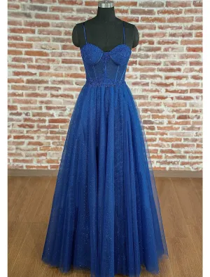 Luolandi A-Line Prom Dresses Sparkle & Shine Dress Prom Floor Length Sleeveless Sweetheart Tulle Backless with Pleats