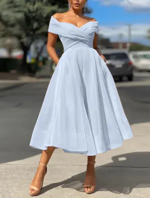 Luolandi A-Line Prom Dresses Vintage Dress Wedding Guest Summer Tea Length Sleeveless Off Shoulder Organza Backless with Ruched Cocktail Dress