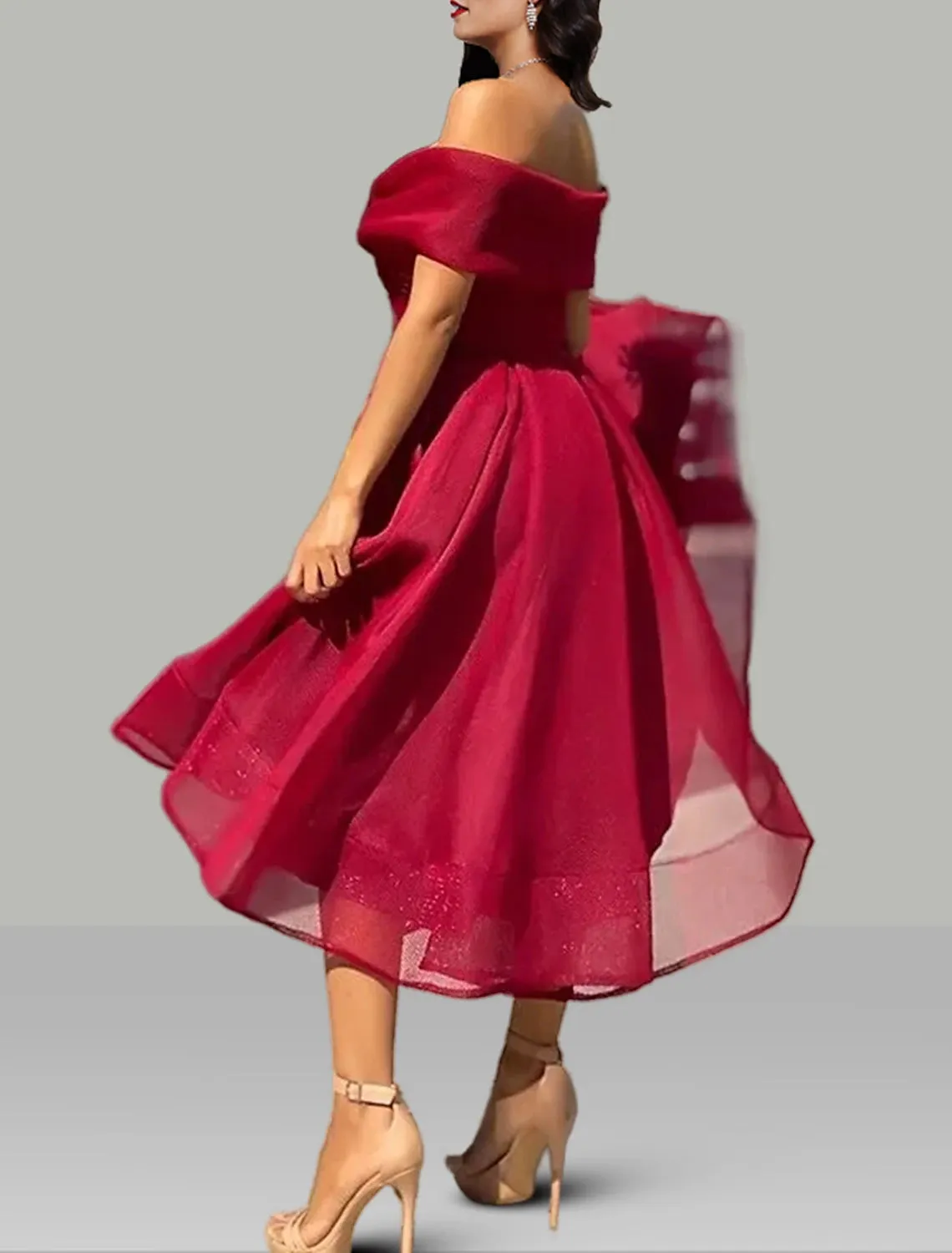 Luolandi A-Line Prom Dresses Vintage Dress Wedding Guest Summer Tea Length Sleeveless Off Shoulder Organza Backless with Ruched Cocktail Dress