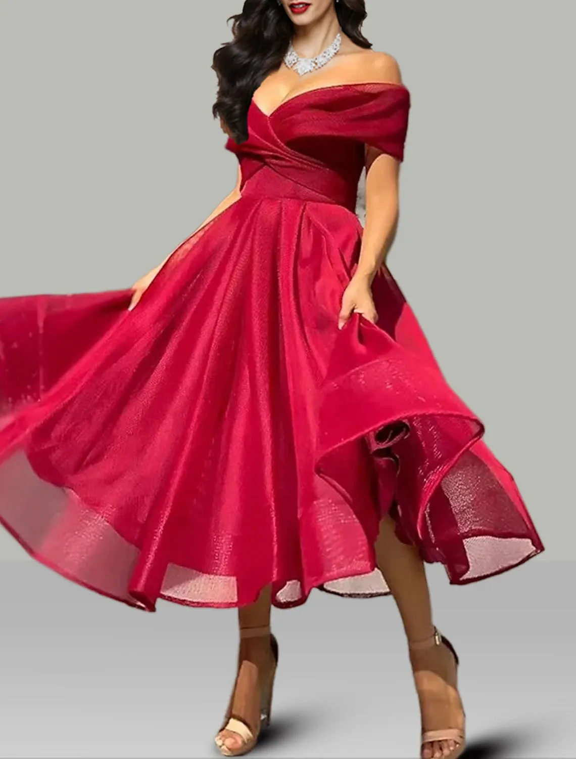 Luolandi A-Line Prom Dresses Vintage Dress Wedding Guest Summer Tea Length Sleeveless Off Shoulder Organza Backless with Ruched Cocktail Dress
