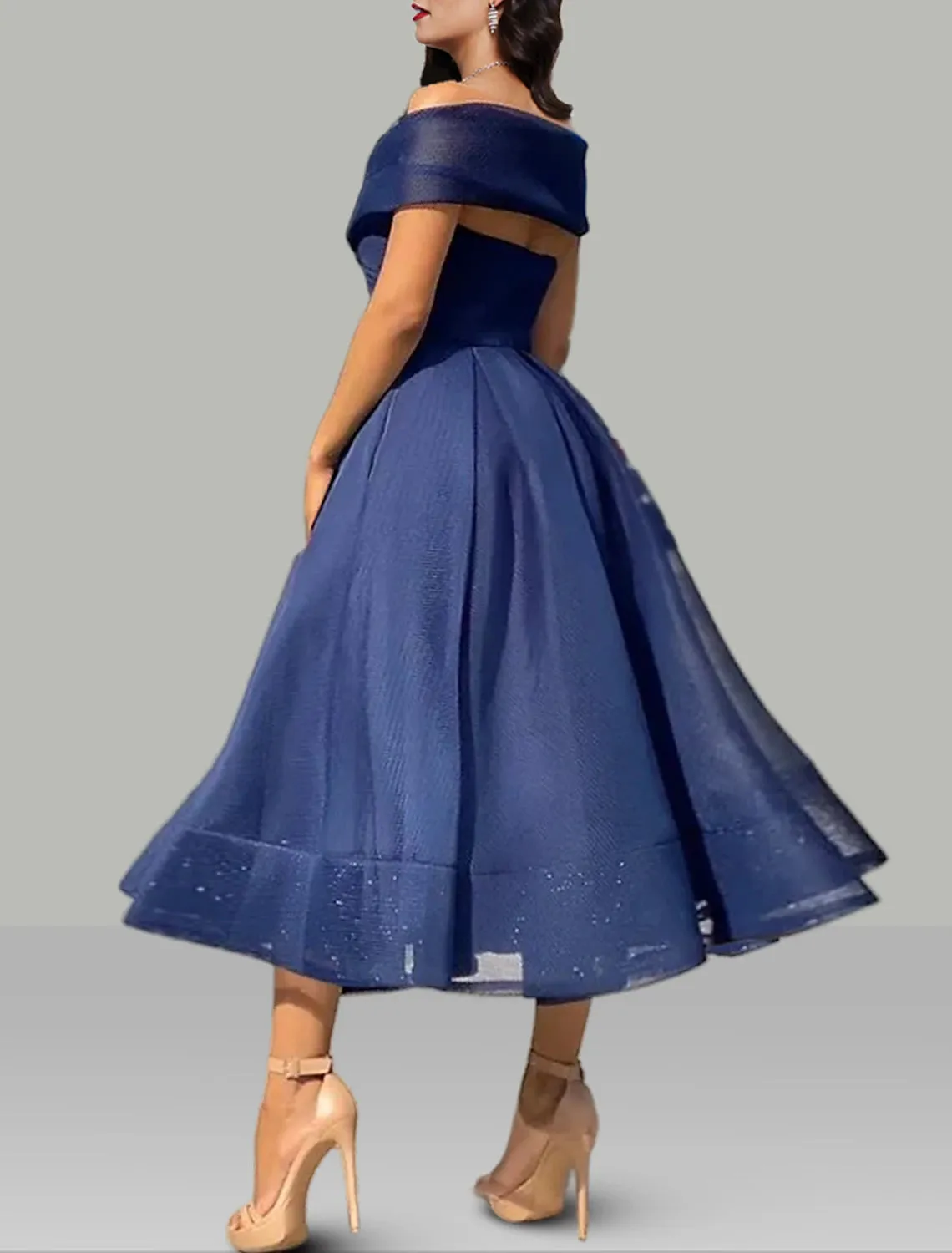 Luolandi A-Line Prom Dresses Vintage Dress Wedding Guest Summer Tea Length Sleeveless Off Shoulder Organza Backless with Ruched Cocktail Dress