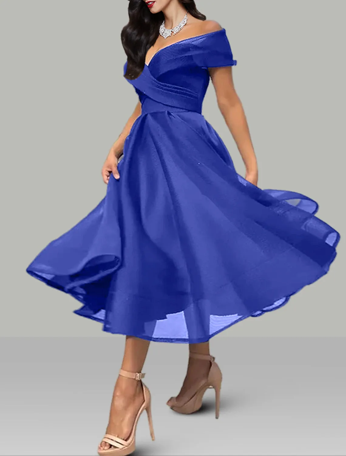 Luolandi A-Line Prom Dresses Vintage Dress Wedding Guest Summer Tea Length Sleeveless Off Shoulder Organza Backless with Ruched Cocktail Dress