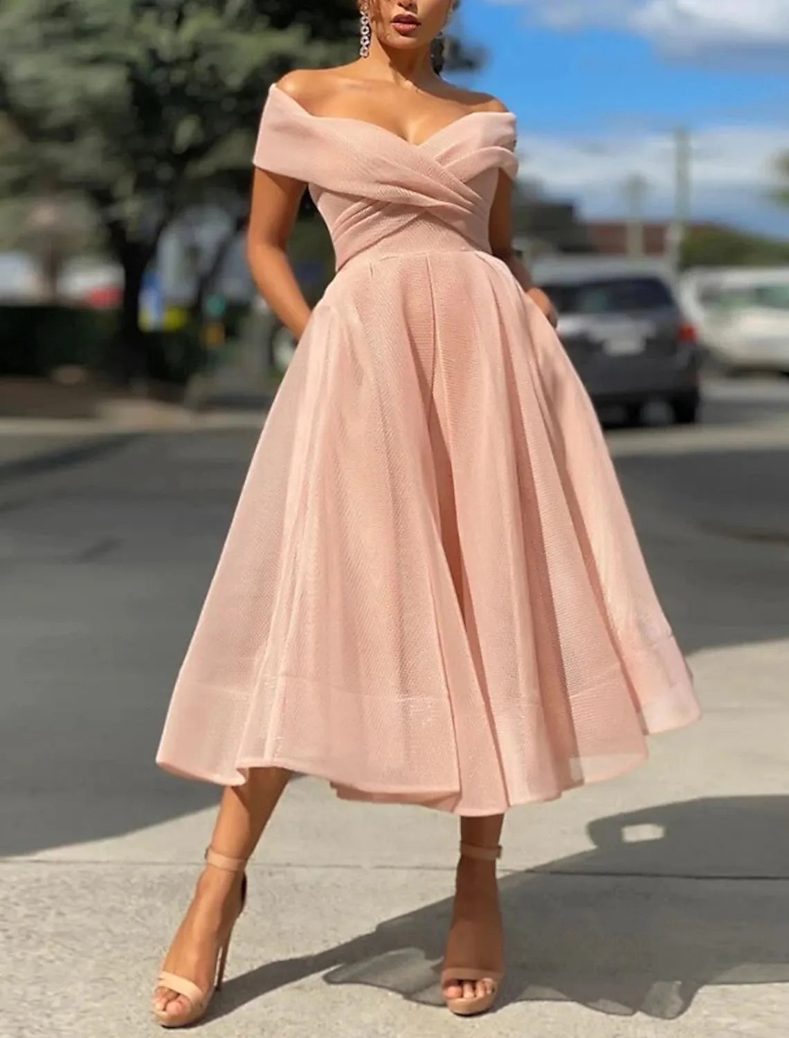 Luolandi A-Line Prom Dresses Vintage Dress Wedding Guest Summer Tea Length Sleeveless Off Shoulder Organza Backless with Ruched Cocktail Dress