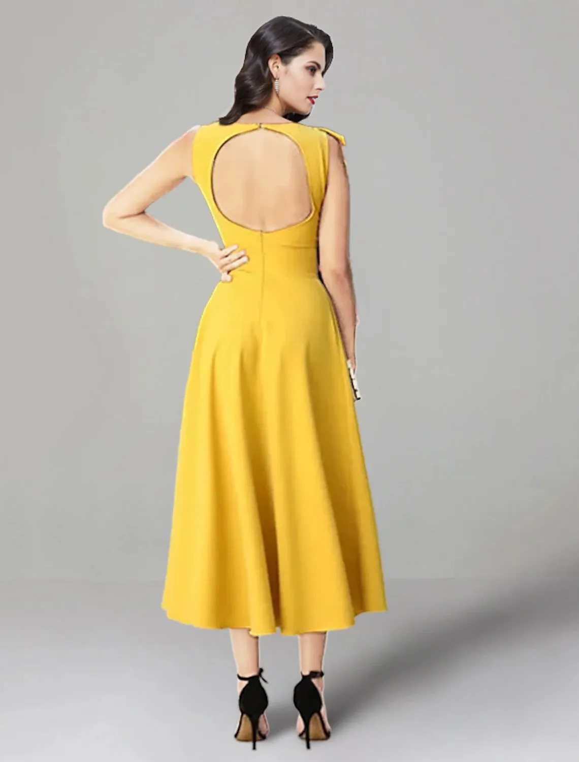 Luolandi A-Line Wedding Guest Dresses Backless Dress Summer Tea Length Sleeveless Jewel Neck Stretch Fabric