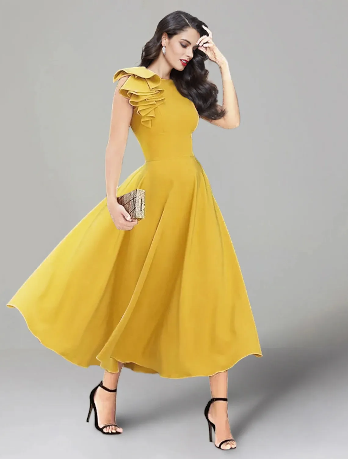 Luolandi A-Line Wedding Guest Dresses Backless Dress Summer Tea Length Sleeveless Jewel Neck Stretch Fabric